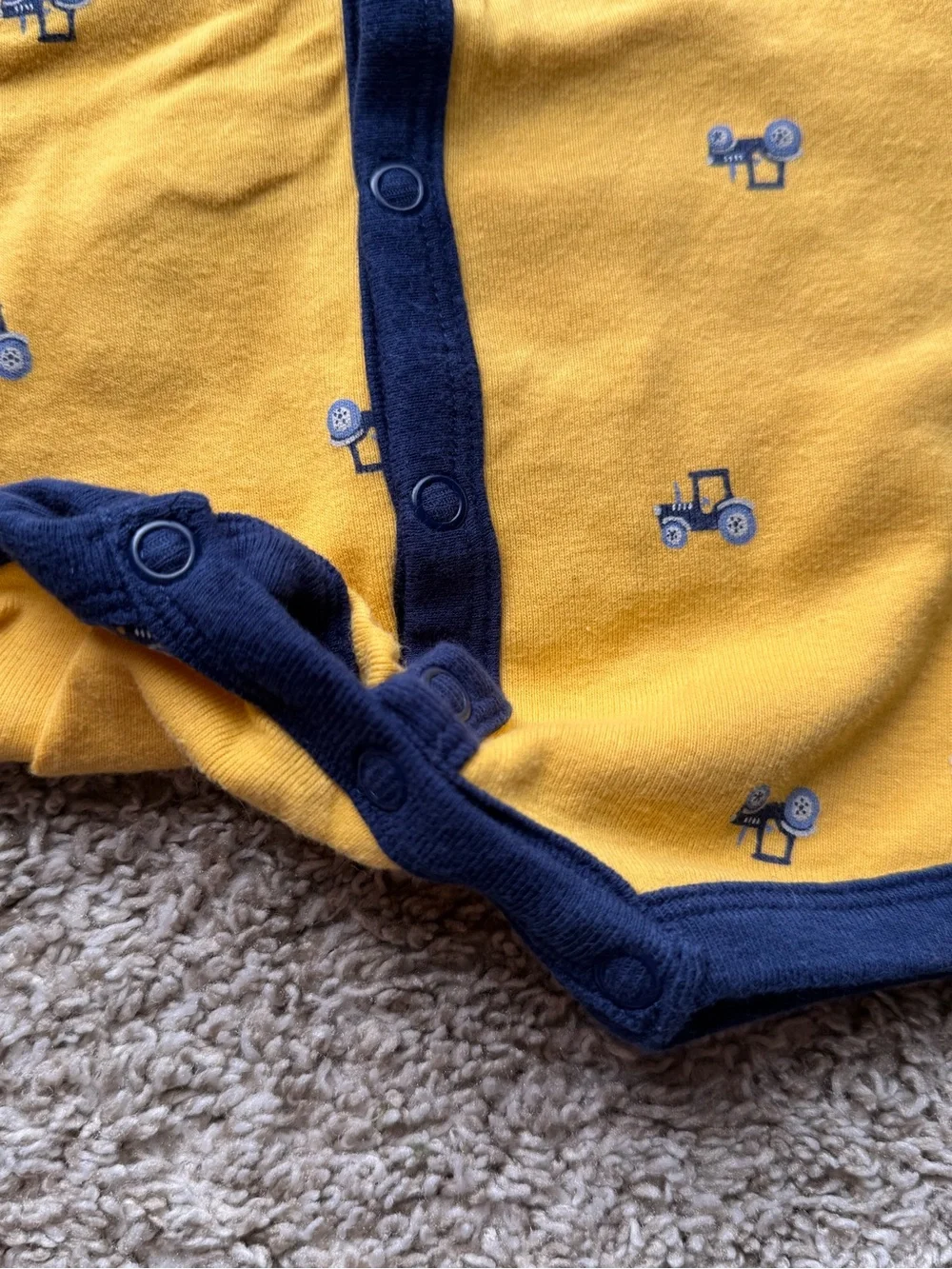 Carter’s Tractor Print Short Sleeve Snap Romper 3M Yellow & Navy Baby Boy